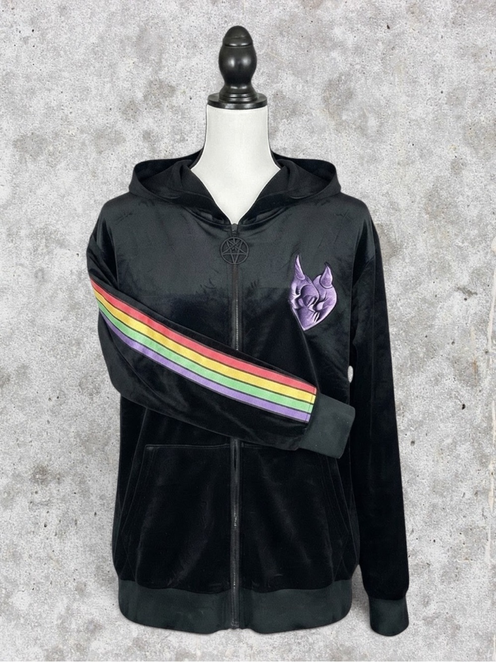 Killstar Velour Zip Up Hoodie Black Rainbow Devil Horns Baphomet Goth Festival L